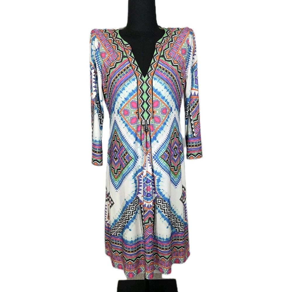 Hale Bob Jersey Knit 3/4 Sleeve Split Neck Geo Dress Womens S Stretch Festival